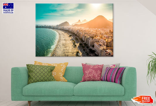 Sea & City with Mountain Sunset Photograph Print 100% Australian Made
