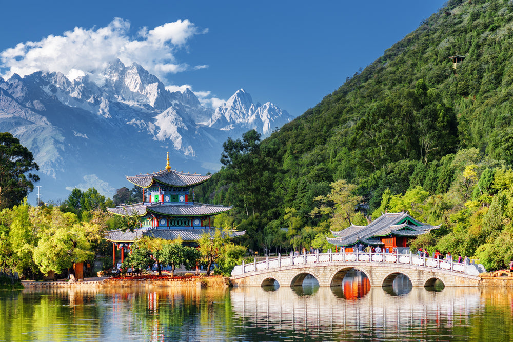 Wallpaper Murals Peel and Stick Removable The Suocui Bridge Over Pond Jade Dragon Snow Mountain View Photograph High Quality