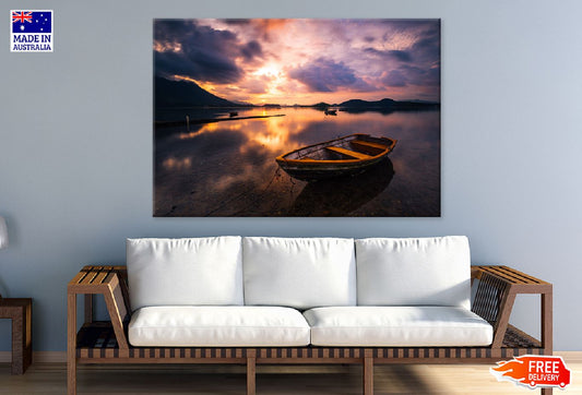 Lake with Wooden Rowboat Sunset Photograph Print 100% Australian Made