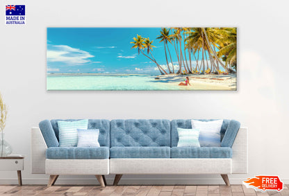 Panoramic Canvas Sea & Palms Blue Sky View Photograph High Quality 100% Australian Made Wall Canvas Print Ready to Hang