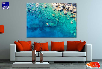 Rib Boat on Rocky Blue Sea Aerial Photograph Print 100% Australian Made