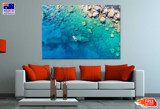 Rib Boat on Rocky Blue Sea Aerial Photograph Print 100% Australian Made
