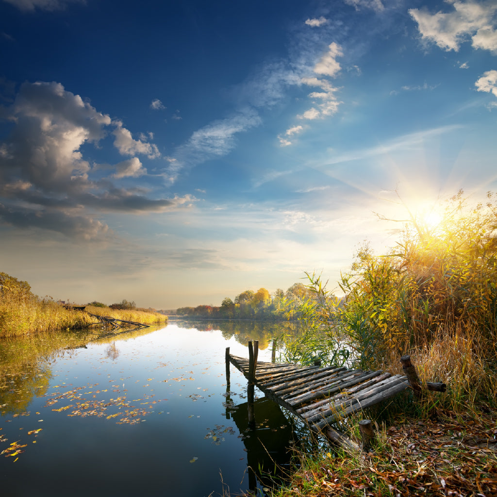 Square Canvas Pier on Autumn River Sunset View Photograph High Quality Print 100% Australian Made