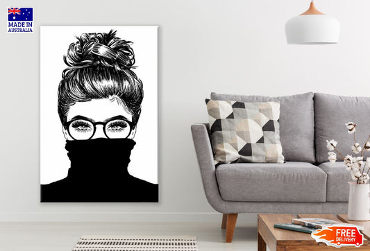 Face Covered Girl with Bun Hair B&W Illustration Print 100% Australian Made