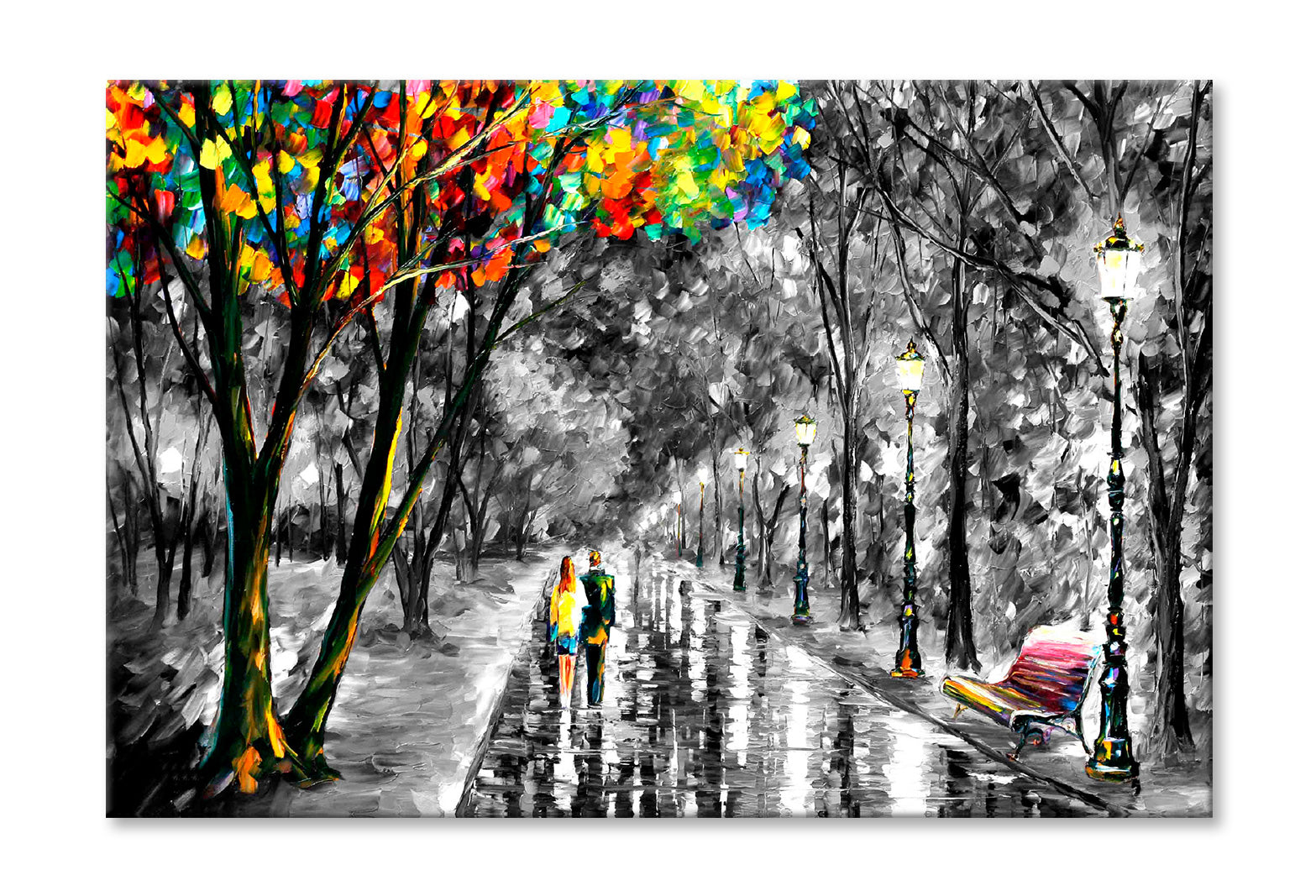 Colorful Leaves Tree & Couple with B&W Forest Painting Wall Art Limited Edition High Quality Print Stretched Canvas None