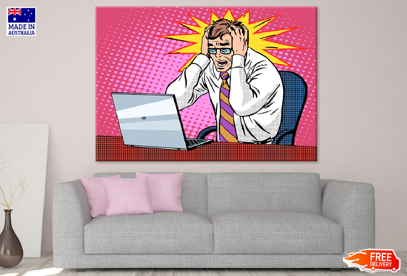 Shocked Man With Hands on Head & Laptop on Head Illustration Print 100% Australian Made
