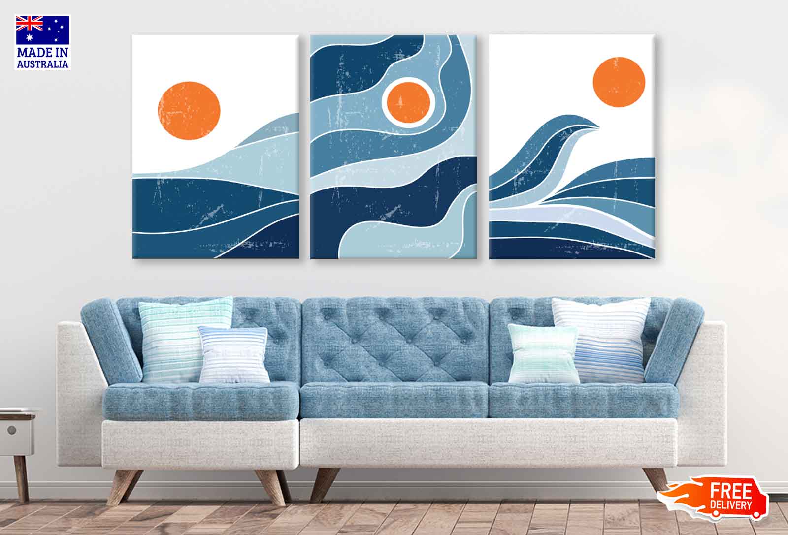 3 Set of Sea Sun Waves Vector Illustration High Quality Print 100% Australian Made Wall Canvas Ready to Hang