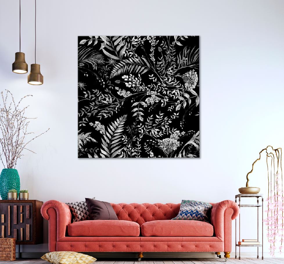 Square Canvas Branches & Fern Leaves B&W Digital Art High Quality Print 100% Australian Made