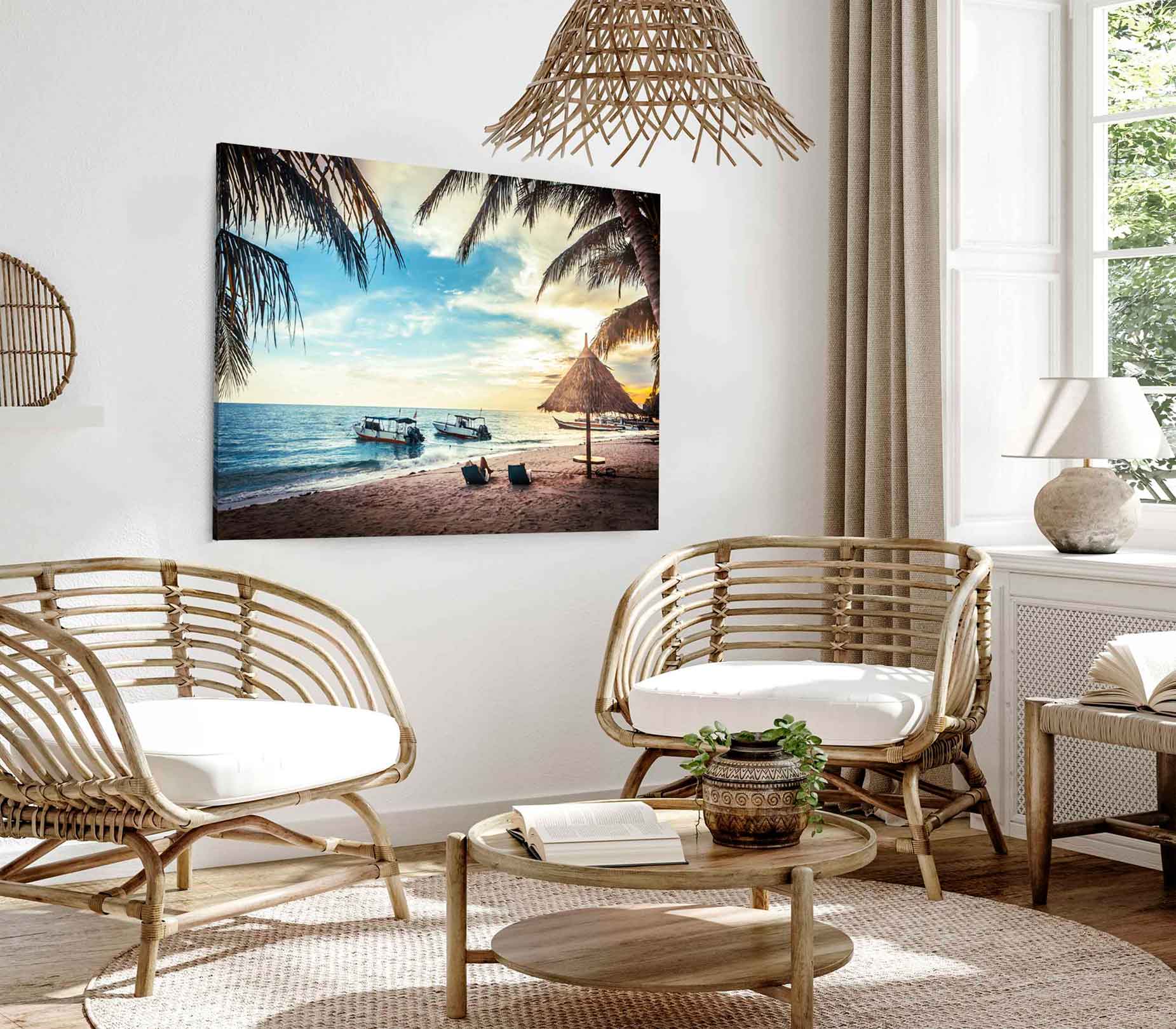 Bella Home Boats on Beach With Palm Leaves Print Canvas Ready to hang