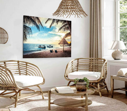 Bella Home Boats on Beach With Palm Leaves Print Canvas Ready to hang