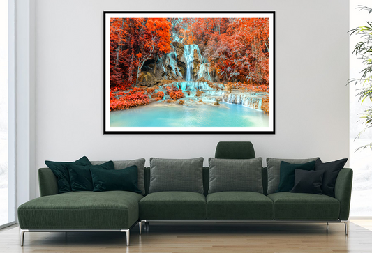 Autumn Trees & Waterfall View Photograph Home Decor Premium Quality Poster Print Choose Your Sizes