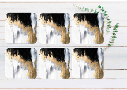 Grey White Black Gold Brush Strokes Coasters Wood & Rubber - Set of 6 Coasters