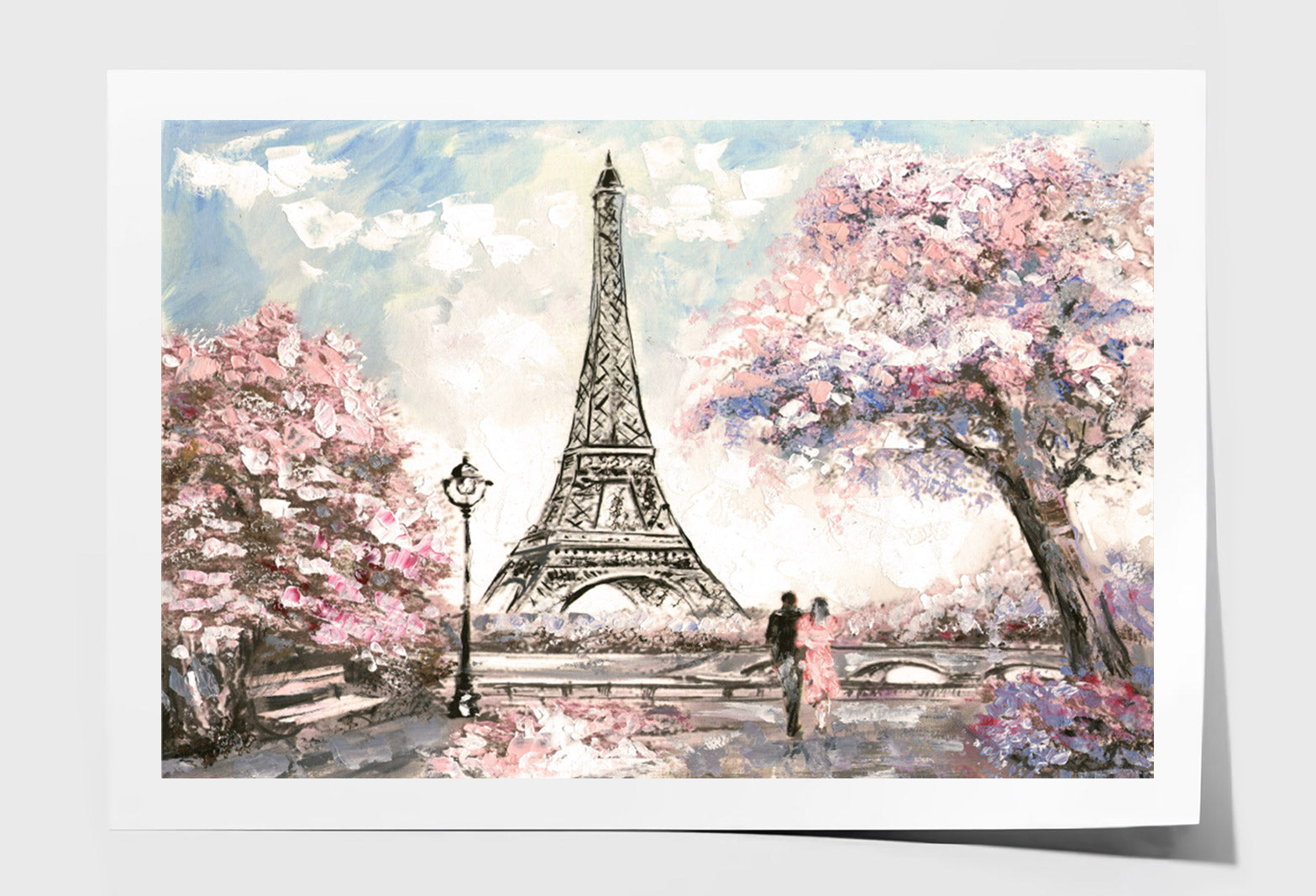 Couple near Eiffle Tower Pink Blossom Trees Painting Wall Art Limited Edition High Quality Print Unframed Roll Canvas None