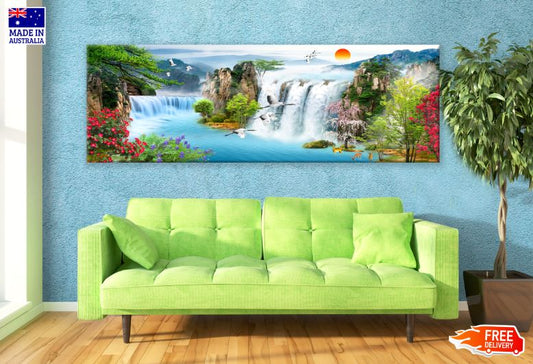 Panoramic Canvas Stunning Waterfall & Birds Nature Landscape Scenery Photograph High Quality 100% Australian Made Wall Canvas Print Ready to Hang