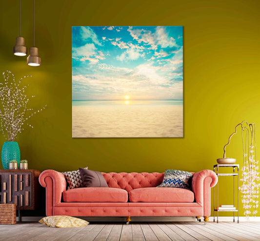 Square Canvas Sandy Beach with Sunrise View Photograph High Quality Print 100% Australian Made