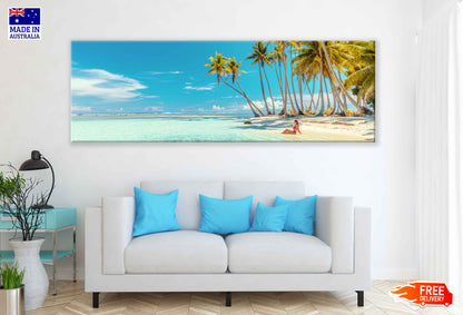 Panoramic Canvas Sea & Palms Blue Sky View Photograph High Quality 100% Australian Made Wall Canvas Print Ready to Hang