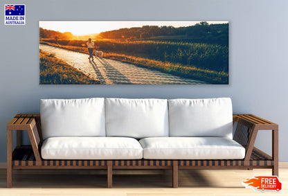 Panoramic Canvas Girl Walk a Dog High Quality 100% Australian Made Wall Canvas Print Ready to Hang