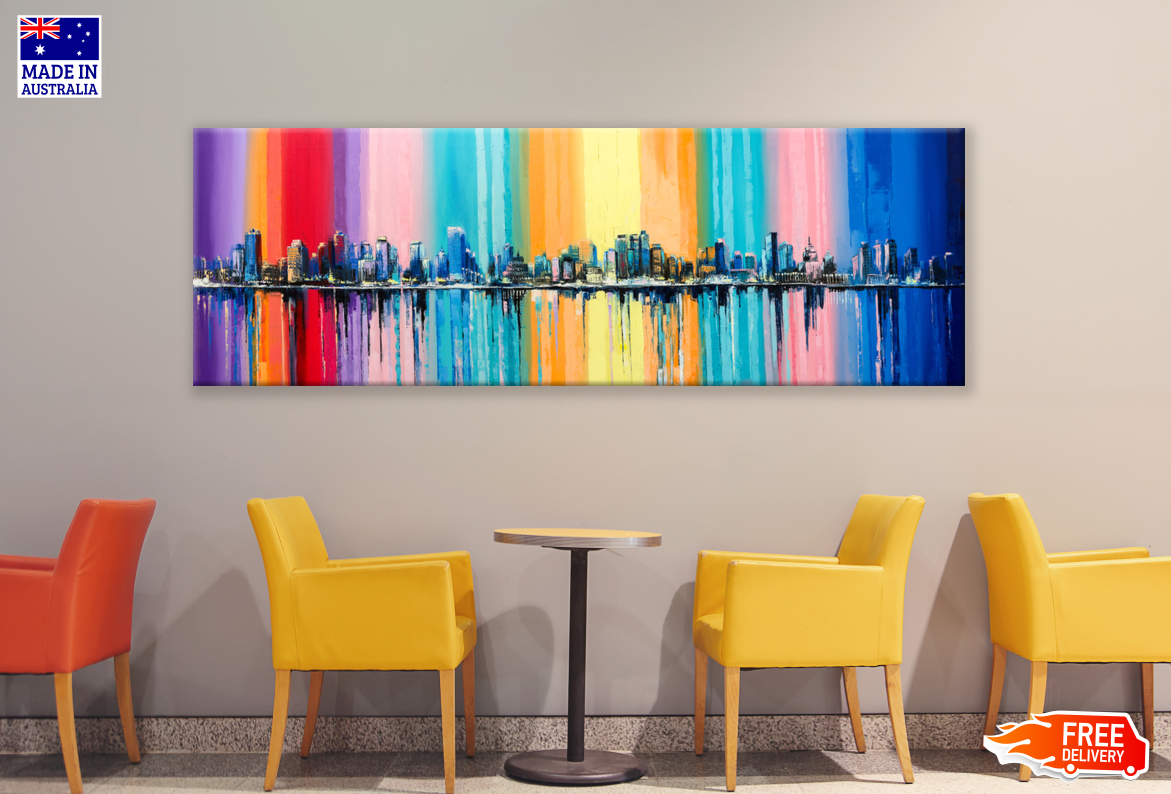 Panoramic Canvas Colourful Abstract City Landscape Painting High Quality 100% Australian made wall Canvas Print ready to hang