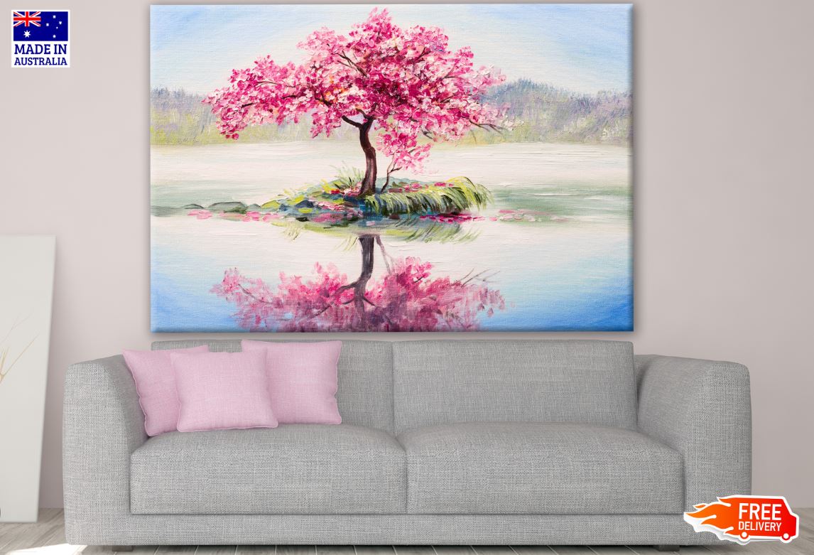 Tree in a Lake with Rose Flowers Painting Print 100% Australian Made