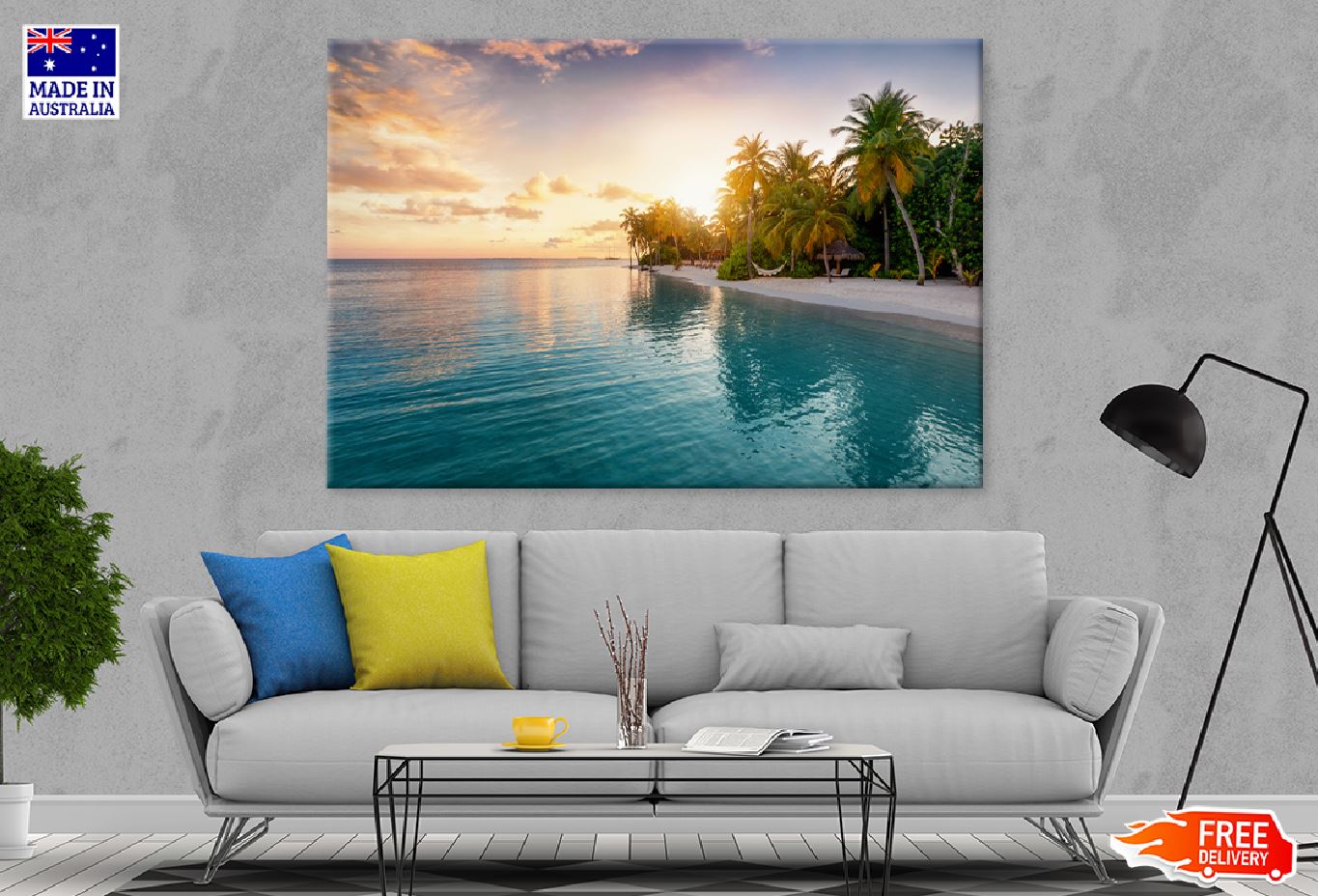 Beach with Palm Trees Sunset View Print 100% Australian Made