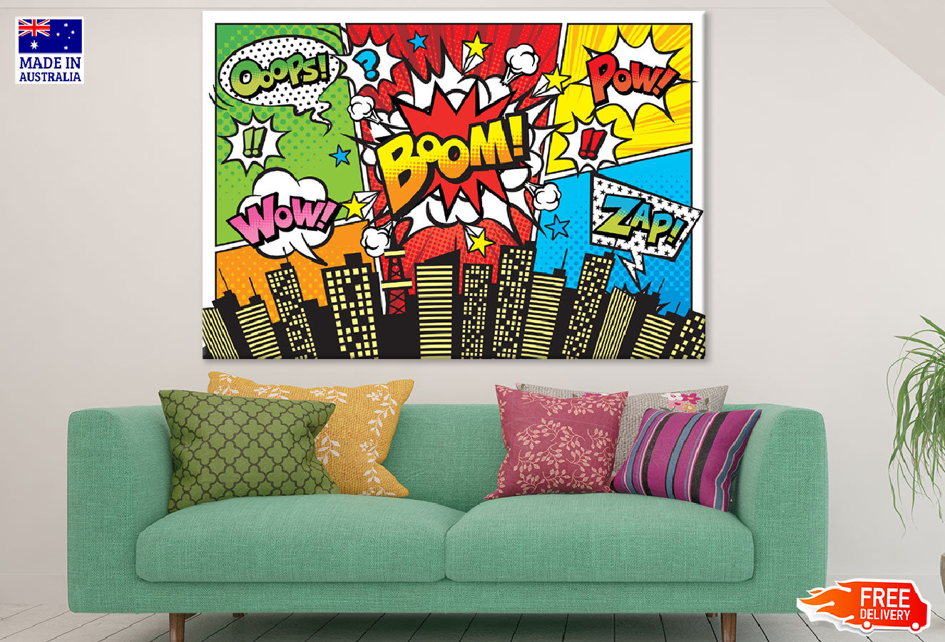 Oops WOW BOOM POW ZAP Quotes & City Illustration Print 100% Australian Made
