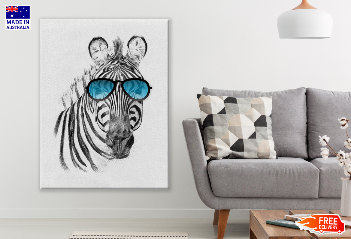 B&W Zebra Portrait with Blue Sunglasses Print 100% Australian Made