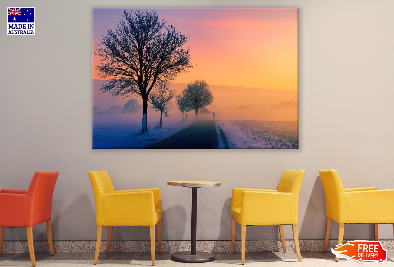 Snow Covered Trees & Road Sunset Photograph Print 100% Australian Made