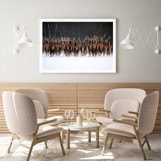 Deers in Snow Forest Photograph Home Decor Premium Quality Poster Print Choose Your Sizes