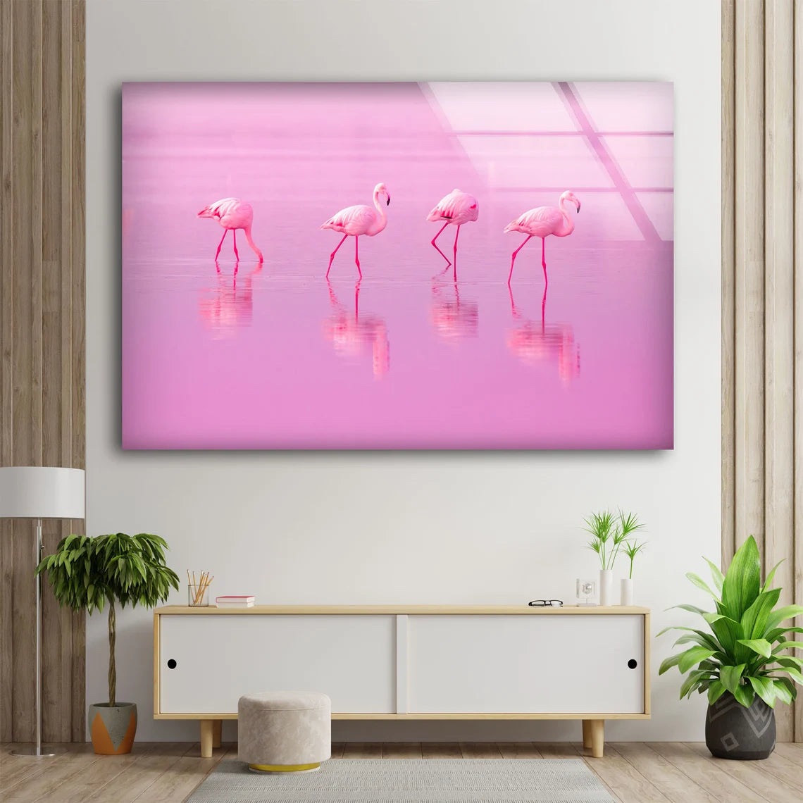 Flamingo Birds on Water Photograph Acrylic Glass Print Tempered Glass Wall Art 100% Made in Australia Ready to Hang