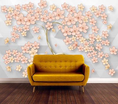 Wallpaper Murals Peel and Stick Removable Pink & Gold Flower Tree Design High Quality