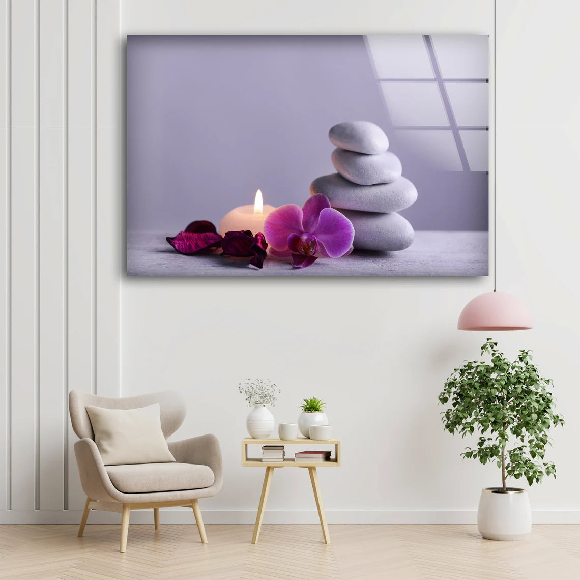 Candle Pink Flowers & Zen Stones Photograph Acrylic Glass Print Tempered Glass Wall Art 100% Made in Australia Ready to Hang