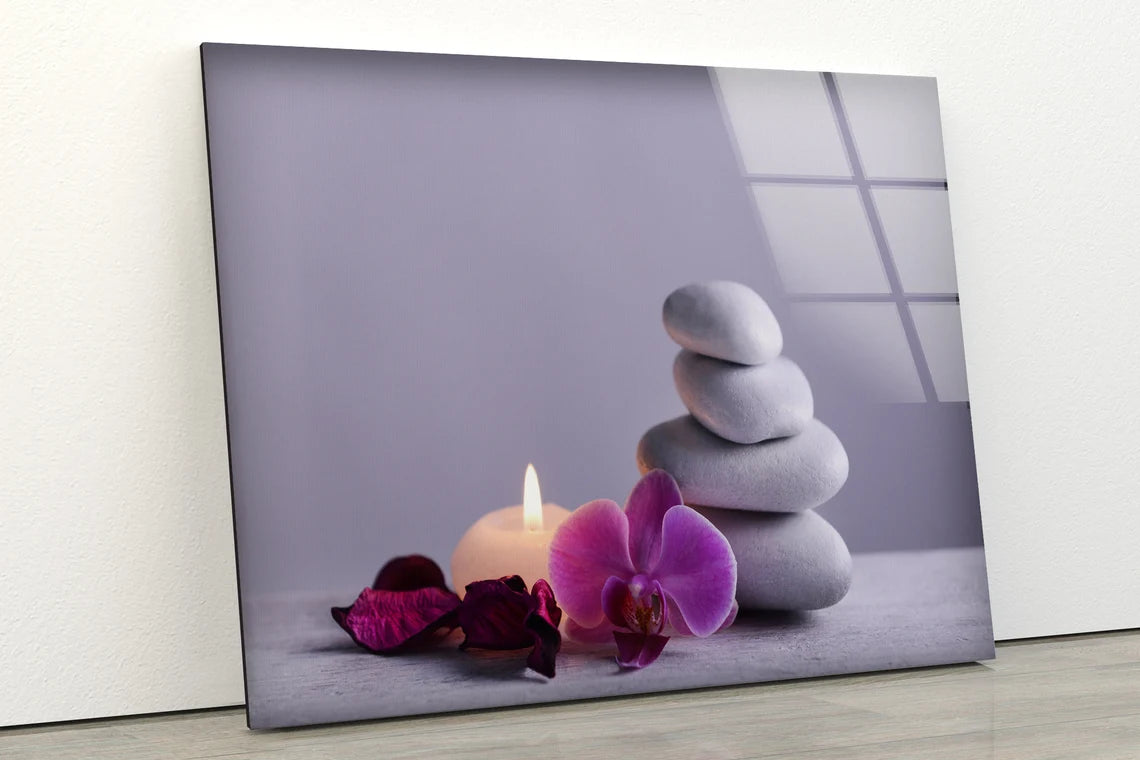 Candle Pink Flowers & Zen Stones Photograph Acrylic Glass Print Tempered Glass Wall Art 100% Made in Australia Ready to Hang