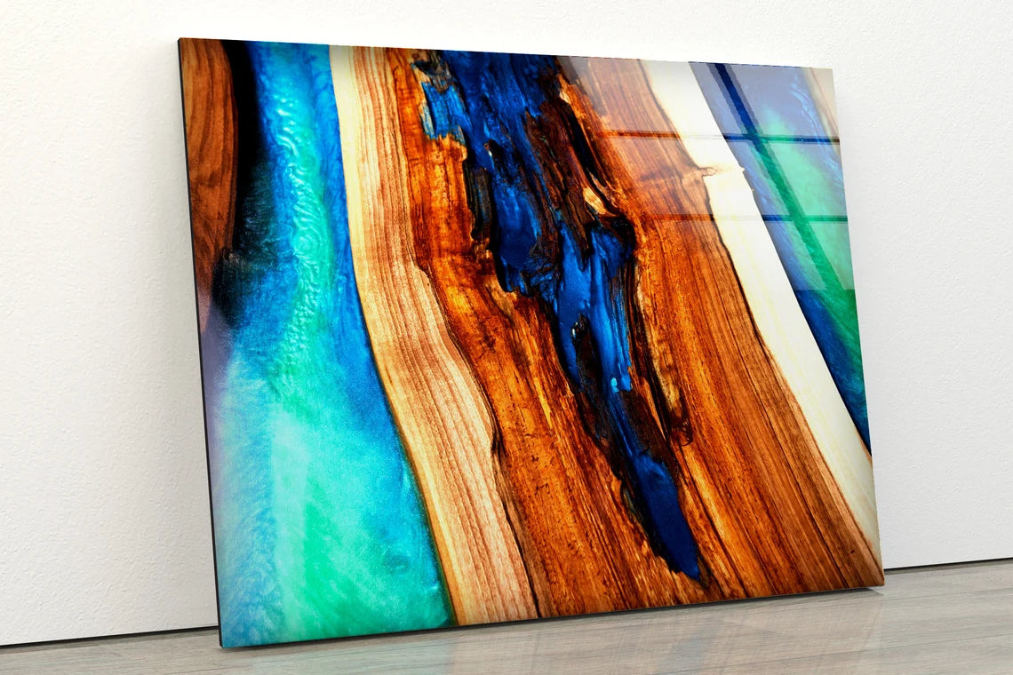 Blue & Green Resin with Wood Photograph Acrylic Glass Print Tempered Glass Wall Art 100% Made in Australia Ready to Hang