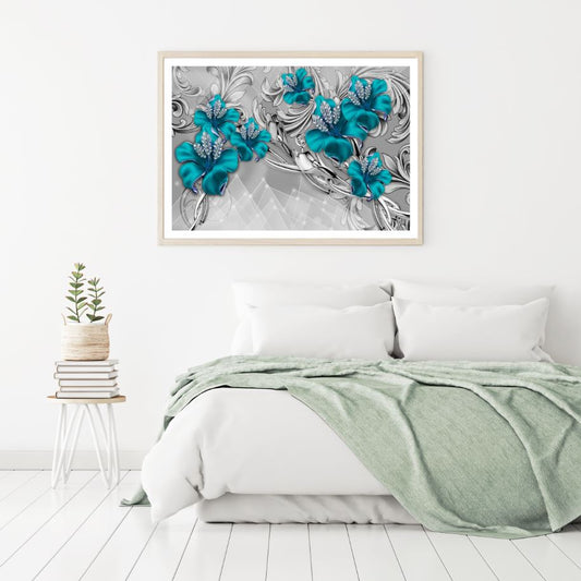 Blue & Grey Flowers 3D Design Home Decor Premium Quality Poster Print Choose Your Sizes