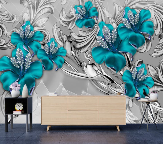 Wallpaper Murals Peel and Stick Removable Blue Floral Design High Quality