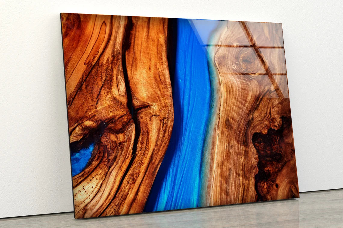 Blue Resin & Wood Design Acrylic Glass Print Tempered Glass Wall Art 100% Made in Australia Ready to Hang