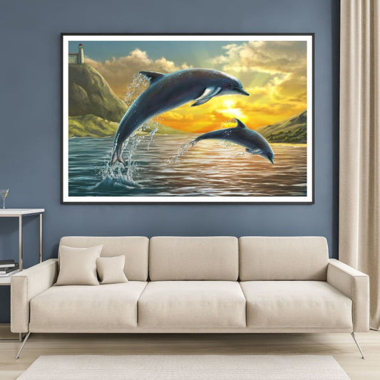 Dolphins on Sea Sunset Digital ArtHome Decor Premium Quality Poster Print Choose Your Sizes