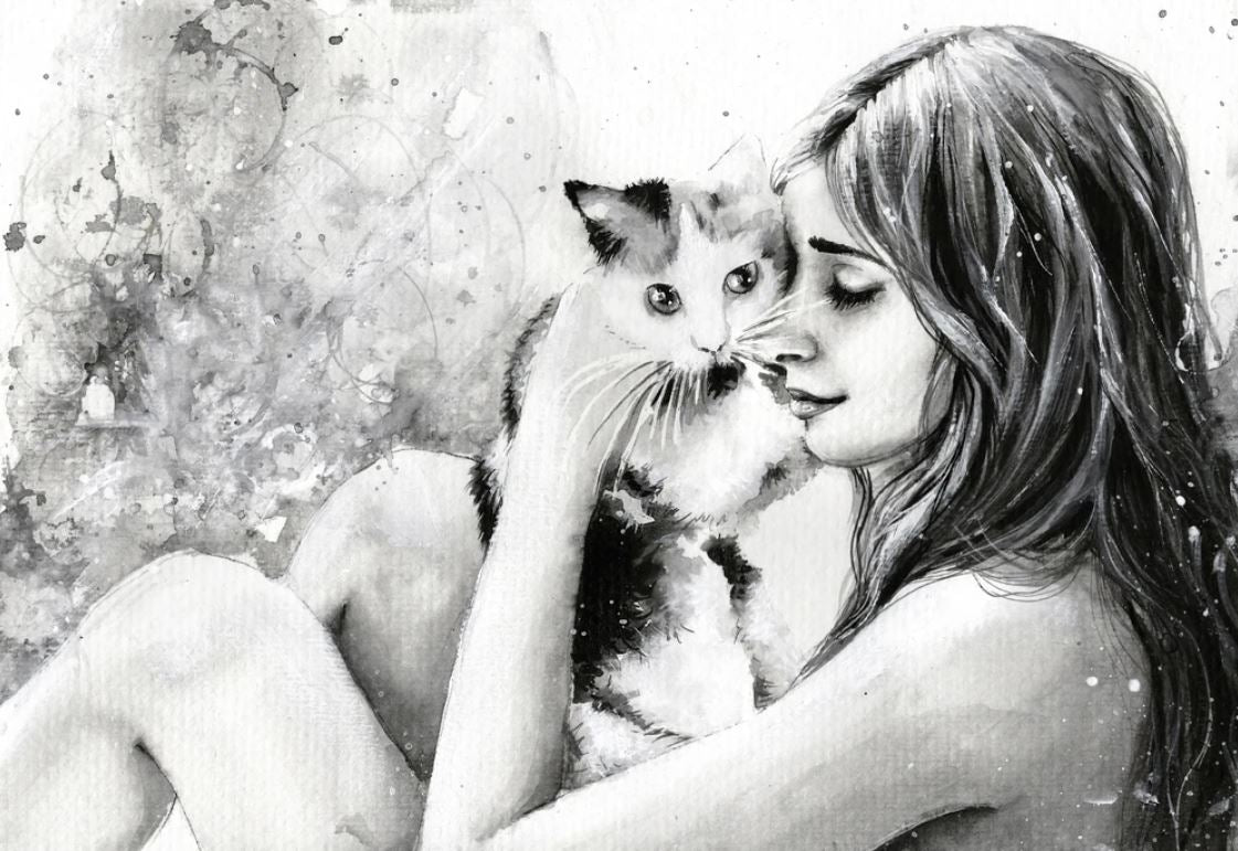 Girl with Cat B&W Drawing Home Decor Premium Quality Poster Print Choose Your Sizes