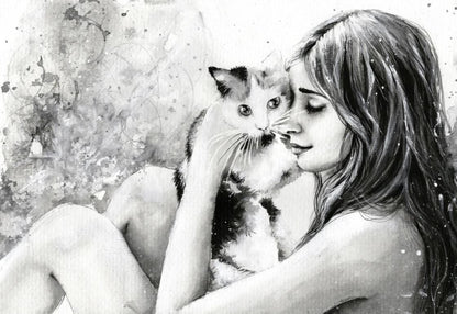 Girl with Cat B&W Drawing Home Decor Premium Quality Poster Print Choose Your Sizes