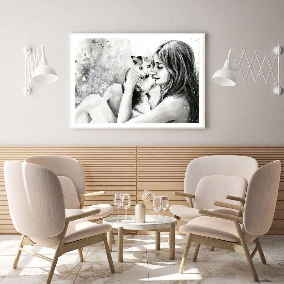 Girl with Cat B&W Drawing Home Decor Premium Quality Poster Print Choose Your Sizes
