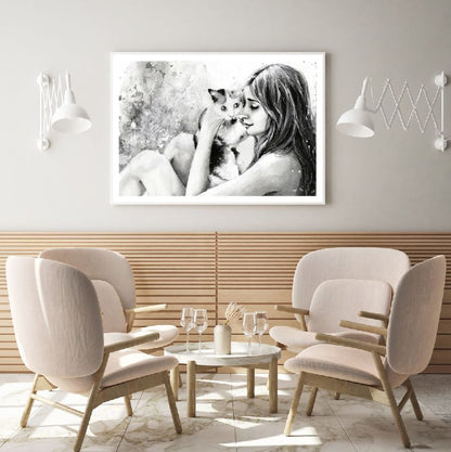 Girl with Cat B&W Drawing Home Decor Premium Quality Poster Print Choose Your Sizes