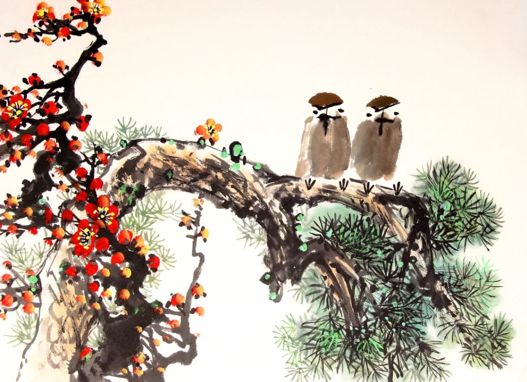 Birds on Fruit Tree Painting Home Decor Premium Quality Poster Print Choose Your Sizes