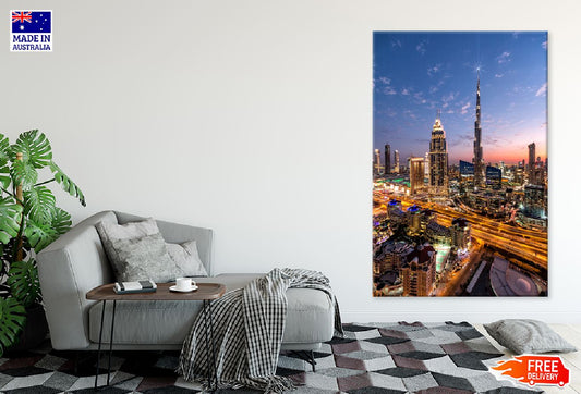 Dubai City Skyline with Lights View Photograph Print 100% Australian Made