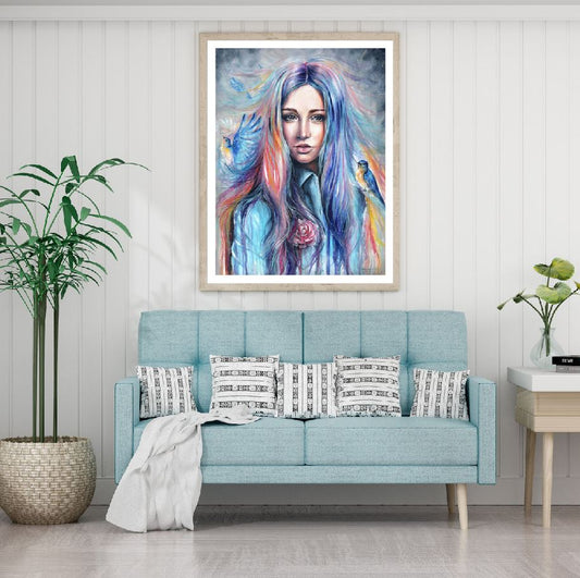 Girl with Birds Coloruful Painting Home Decor Premium Quality Poster Print Choose Your Sizes