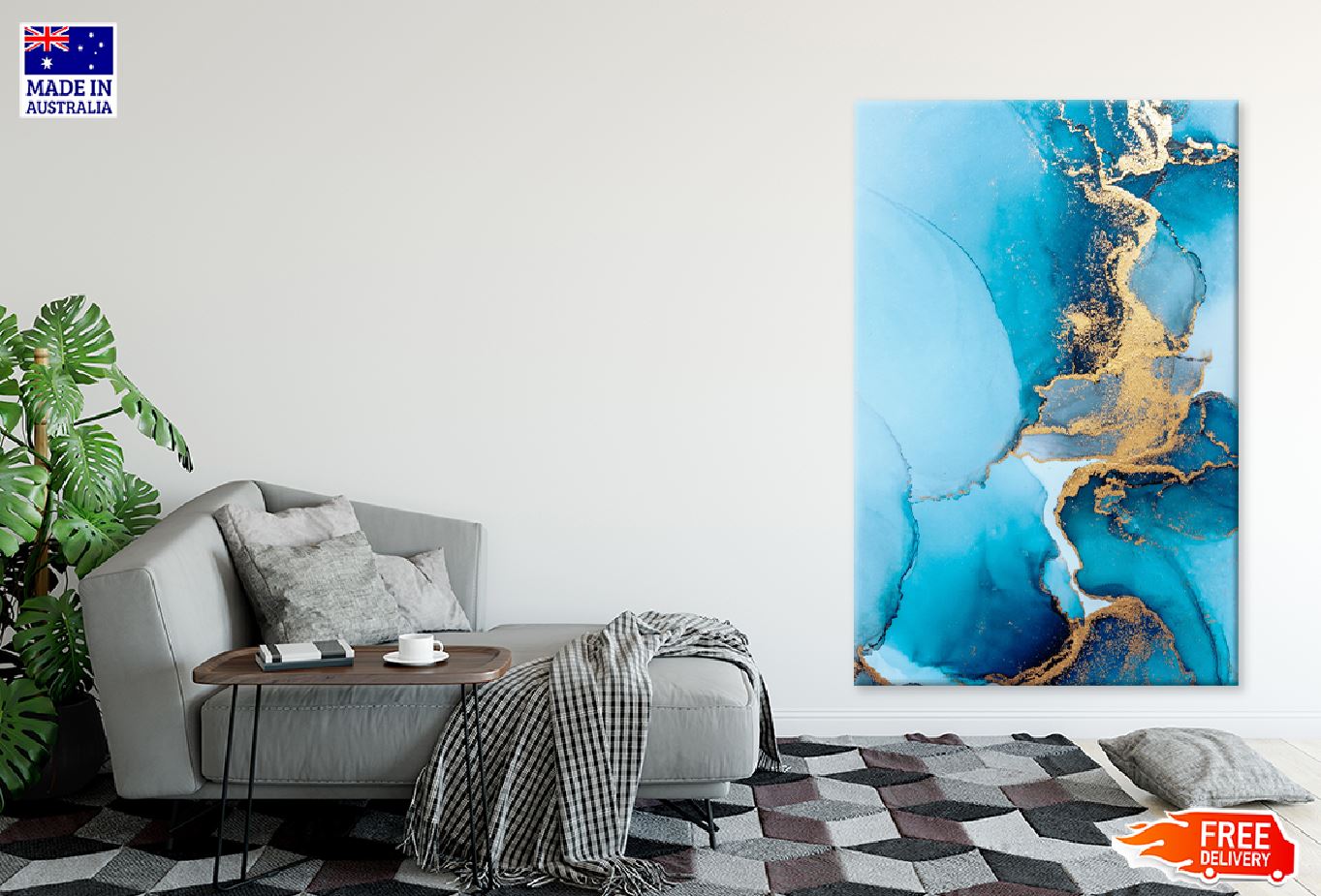 Blue & Gold Marble Texture Abstract Design Print 100% Australian Made