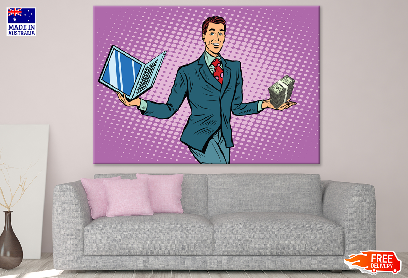 Man with Money & laptop on Hands Illustration Print 100% Australian Made