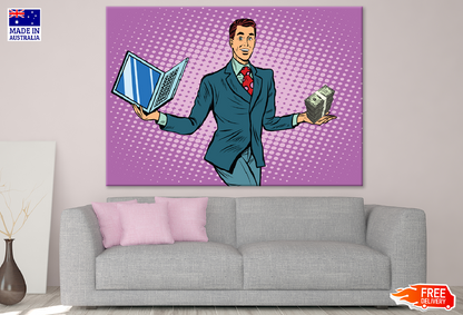 Man with Money & laptop on Hands Illustration Print 100% Australian Made