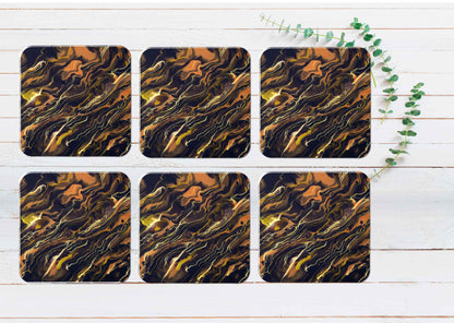 Brown Black Liquid Abstract Design Coasters Wood & Rubber - Set of 6 Coasters