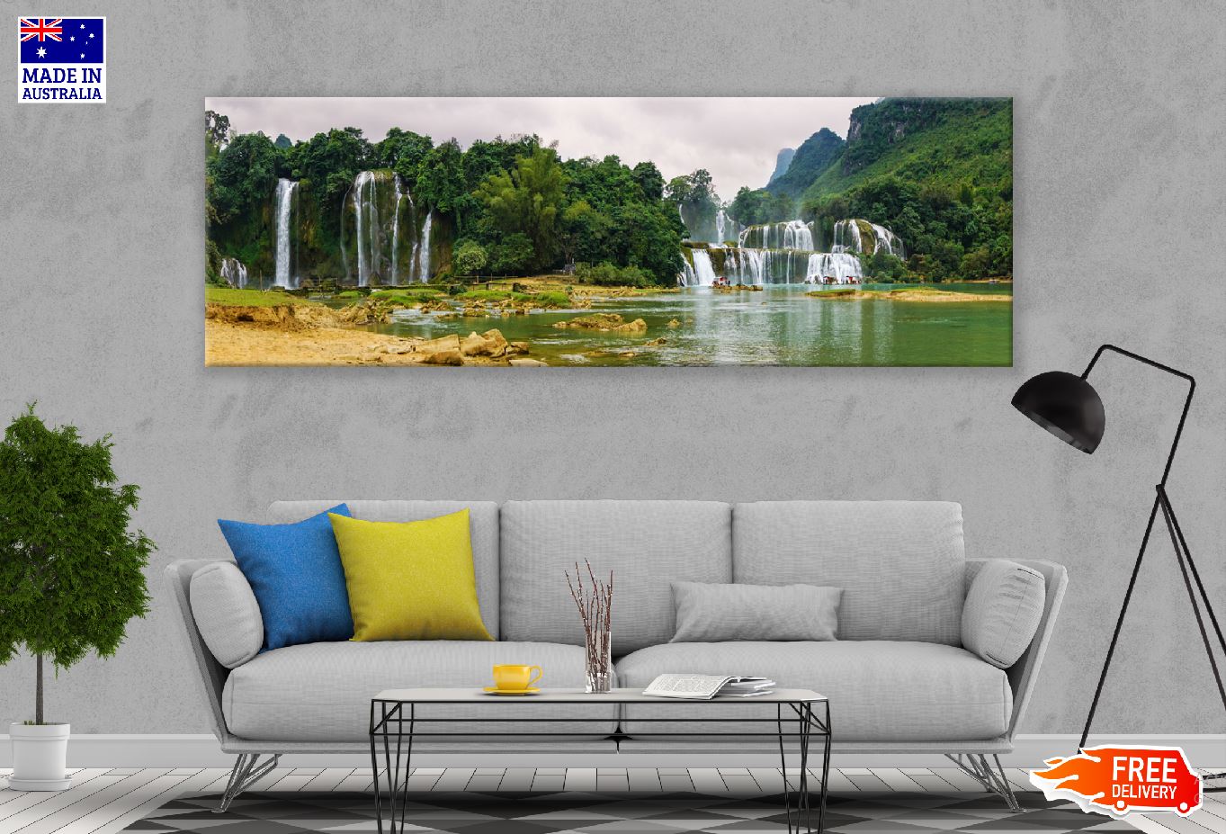 Panoramic Canvas Waterfall in Forest View Photograph High Quality 100% Australian Made Wall Canvas Print Ready to Hang