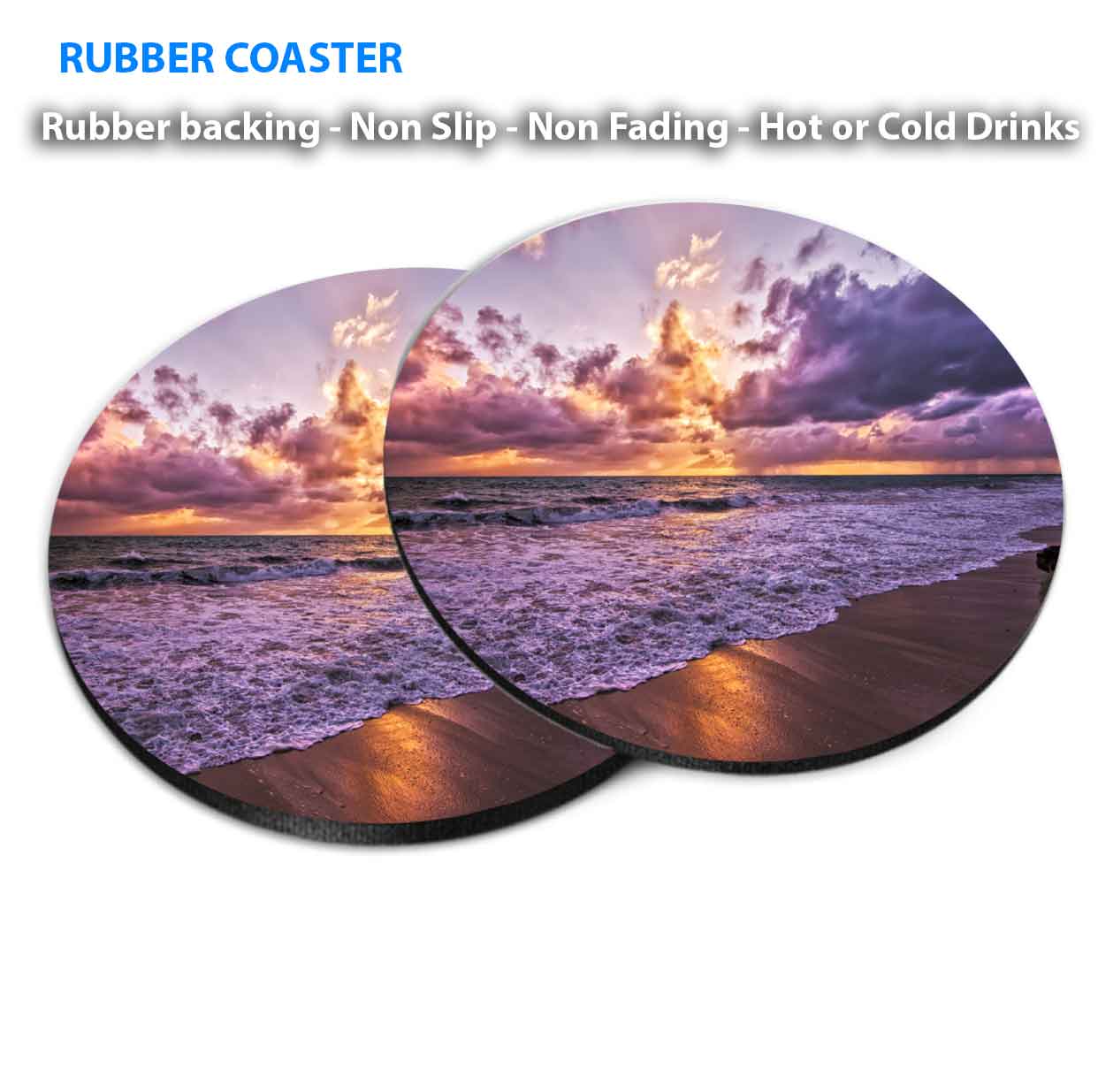 Cloudy Sunset Sky & Sandy Seawaves Coasters Wood & Rubber - Set of 6 Coasters